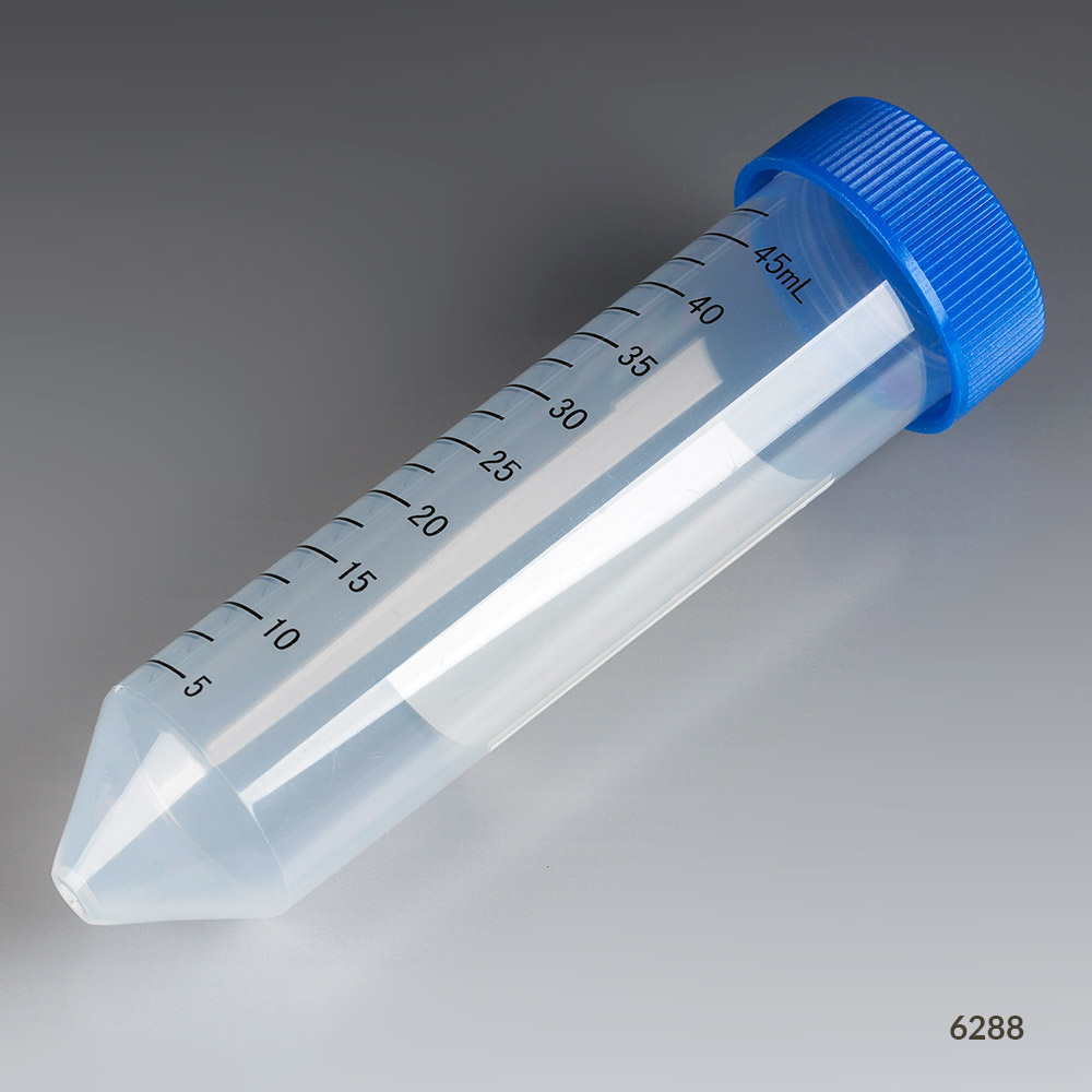 Globe Scientific Centrifuge Tube, 50mL, Attached Blue Flat Top Screw Cap, PP, Printed Graduations, STERILE, 25/Bag, 20 Bags/Unit Image